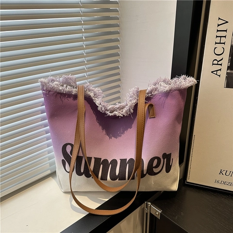Gradient Leinwand Einkaufstasche Mit Sommer Druck Fransen Kanten Braune Leder Griffe Große Kapazität Schultertasche Damen