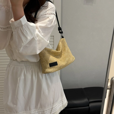 Borsa a Tracolla da Donna Estetica in Paglia Intrecciata Grande Capacità Casual Estiva per Spiaggia Vacanza Borsa Tote Intrecciata a Mano