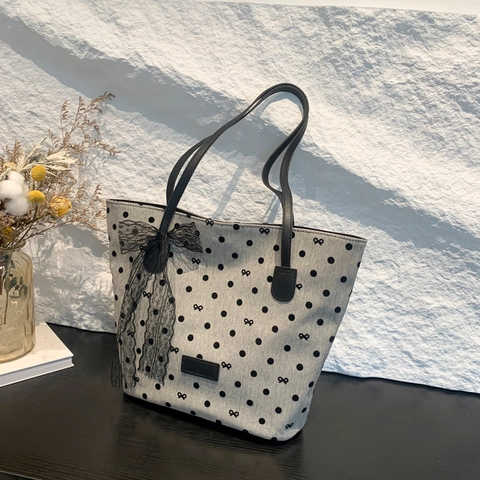 Vintage Polka Dot Tote Bag For Women Large Capacity Shoulder Bag With Lace Bow Detail PU Canvas Fabric Handbag Casual Daily Bag