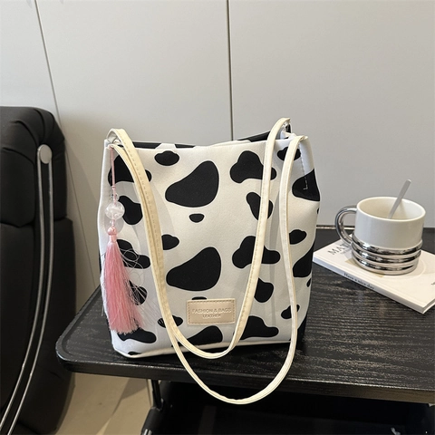 Trendige Bedruckte Segeltuch Schultertasche Für Damen Große Kapazität Tragetasche Mit Quastendekor Kuh Leopard Muster Alltagshandtasche
