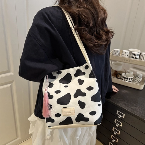 Trendige Bedruckte Segeltuch Schultertasche Für Damen Große Kapazität Tragetasche Mit Quastendekor Kuh Leopard Muster Alltagshandtasche