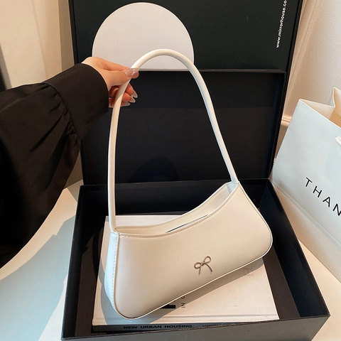 Borsa a Tracolla in Pelle PU Minimalista Vintage da Donna Con Fiocco in Metallo Borsa Sottobraccio Baguette Casual Quotidiana