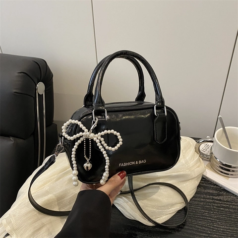 Bolso de Bandolera de Cuero PU para Mujer Forma de Almohada Con Lazo de Perla Artificial Correa Ajustable Bolso Casual