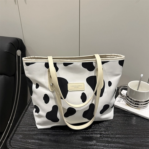 Borsa Tote in Tela da Donna Grande Capacità Stampa Animale Leopardo Zebra Mucca Frutta Borsa a Tracolla Casual per Pendolari