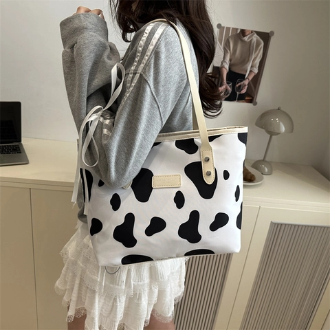 Borsa Tote in Tela da Donna Grande Capacità Stampa Animale Leopardo Zebra Mucca Frutta Borsa a Tracolla Casual per Pendolari