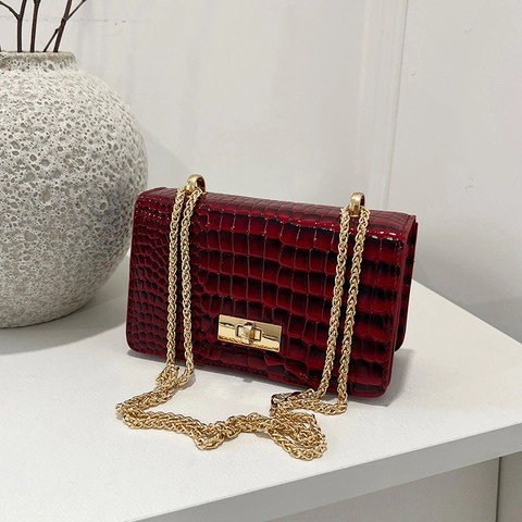 Sac Bandoulière Femme Tendance Motif Crocodile en Cuir PU Petit Sac Carré Chaîne de Luxe pour Fête Mariage Travail Quotidien