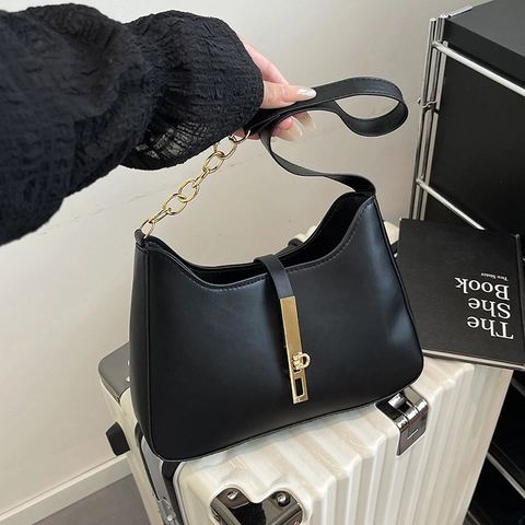 Women PU Leather Hobo Underarm Bag Minimalist Solid Color Shoulder Bag With Gold Metal Buckle Chain Strap Commuting Square Bag