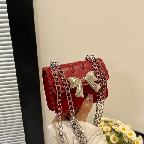 Fashion Women Mini Crossbody Bag PU Leather Metal Bow Decor Chain Strap Small Square Bag Girl Coin Purse Party Shoulder Bag