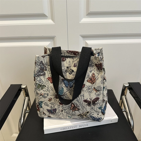 Damen Retro Jacquard Stoff Tote Tasche Blumen Schmetterling Muster Schultertasche Elegant Künstlerisch Lässig Handtasche Täglich Reise