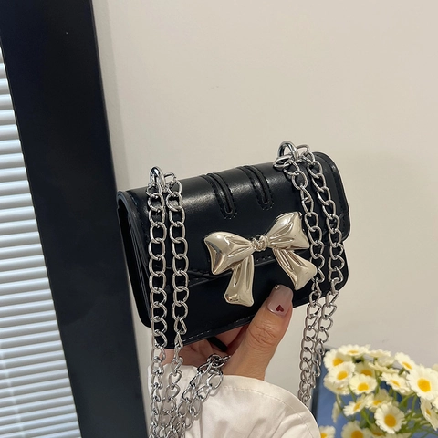 Fashion Women Mini Crossbody Bag PU Leather Metal Bow Decor Chain Strap Small Square Bag Girl Coin Purse Party Shoulder Bag