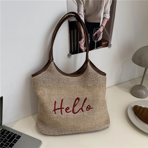Sac Cabas Décontracté en Paille Tissée pour Femmes Avec Broderie de Lettre Hello Grande Capacité pour Vacances à la Plage