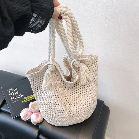 Borsa Tote Intrecciata Traforata da Donna Grande Capacità Borsa a Spalla in Maglia Con Nappa Casual Bohemian Borsa da Mare