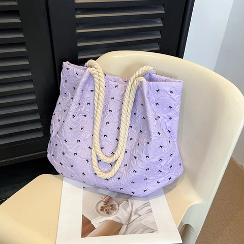Borsa Tote in Tela da Donna con Fiocco Pieghettata di Grande Capacità Borsa a Tracolla con Manico in Corda Casual Versatile
