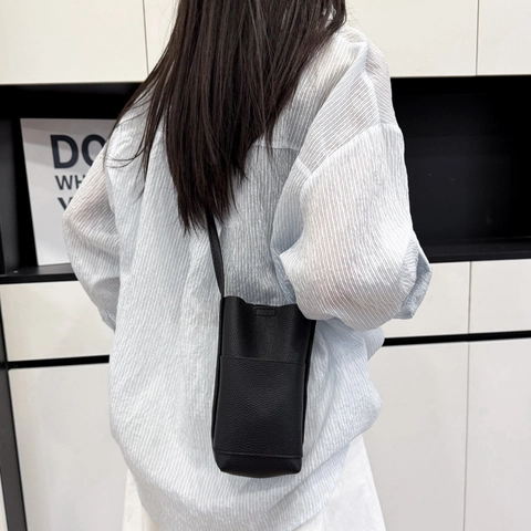 Bolso Minimalista de PU con Textura Litchi para Teléfono Móvil Mujer Bolso Bandolera Vertical Pequeño de Color Sólido