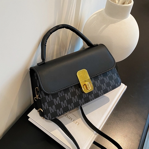 Vintage PU Lederen Monogram Schoudertas Voor Dames Retro Handtas Met Gouden Metalen Slot Schoudertas Voor Dagelijks Gebruik