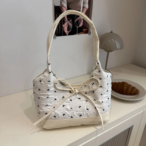 Sac à Épaule Femme Brodé de Nœuds Matelassé Doux Sac à Main Décor Grand Nœud Décontracté Sac Fourre-tout Esthétique