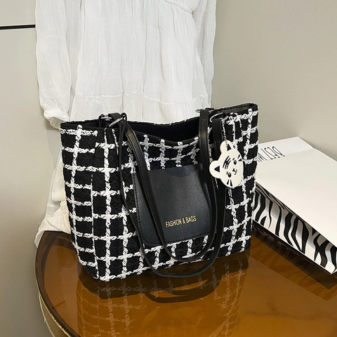 Dames Ruitjes Tote Bag Grote Capaciteit Schoudertas Tweed Patroon Casual Handtas College Woon-werkverkeer Polyester