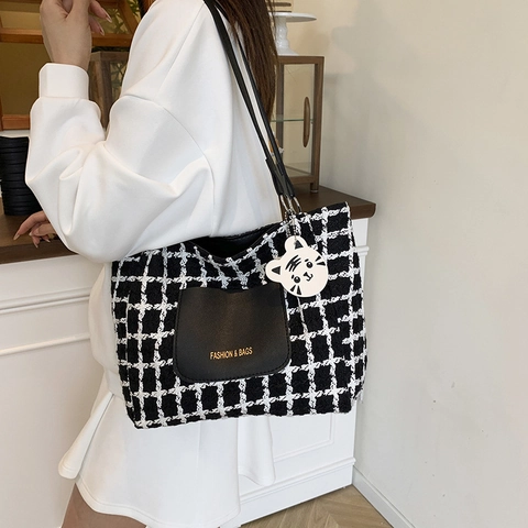 Dames Ruitjes Tote Bag Grote Capaciteit Schoudertas Tweed Patroon Casual Handtas College Woon-werkverkeer Polyester