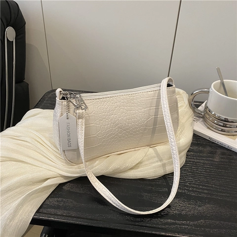 Bolso de Axila de Cuero PU con Textura de Cocodrilo Minimalista Para Mujer Color Sólido Casual Bolso de Hombro Baguette con Etiqueta