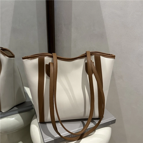Fashion Retro Simple Korean Style Large Capacity Solid Color PU Leather Tote Bag For Women Casual Commuting Shoulder Bag