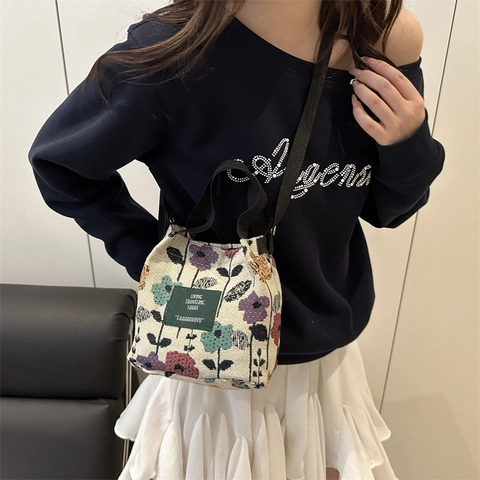 Bolso de Cubo de PU con Flores Étnicas Vintage Mujer Casual Estilo Callejero Bolso Bandolera Pequeño Bolso de Hombro con Estampado de Mariposa
