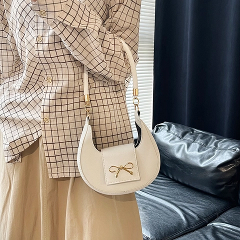 French Style Bowknot Crescent Underarm Bag For Women PU Leather Cross Grain Texture Elegant Small Shoulder Bag Handbag