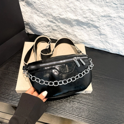 Bolso de Pecho de Cuero PU para Mujer con Cadena Riñonera Brillante Bolso Bandolera de Moda Color Sólido Uso Diario