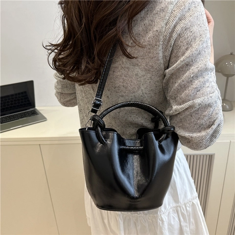 Fashion Shiny PU Leather Bucket Bag Knotted Handle Crossbody Tote Shoulder Bag Adjustable Strap Daily Versatile Handbag