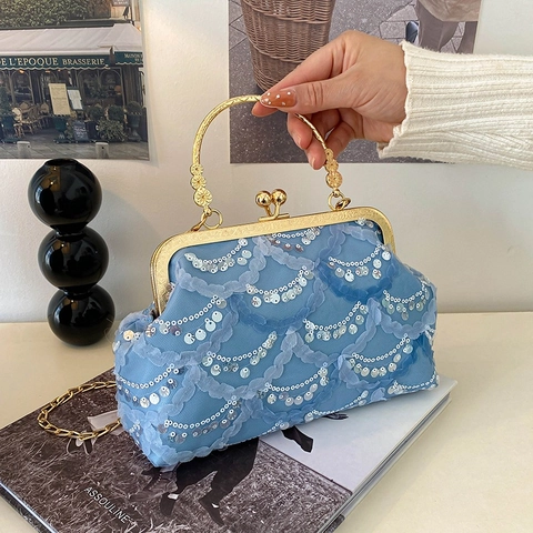Borsa da Sera di Lusso Vintage da Donna con Paillettes Pizzo Rete Tracolla con Manico in Metallo Catena d'Oro Chiusura a Scatto Festa