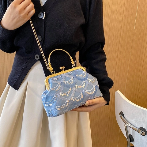 Borsa da Sera di Lusso Vintage da Donna con Paillettes Pizzo Rete Tracolla con Manico in Metallo Catena d'Oro Chiusura a Scatto Festa