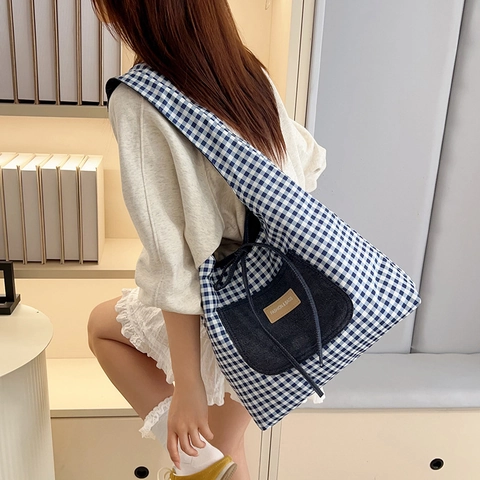 Sac Fourre-tout en Toile à Carreaux pour Femmes Grande Capacité Patchwork Denim Sac à Épaule Avec Décoration de Nœud Style Coréen Décontracté
