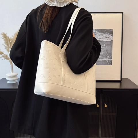 Borsa Tote da Donna in Pelle PU con Rilievo Grande Capacità Borsa a Tracolla Casual con Fiocco in Pizzo Decorazione