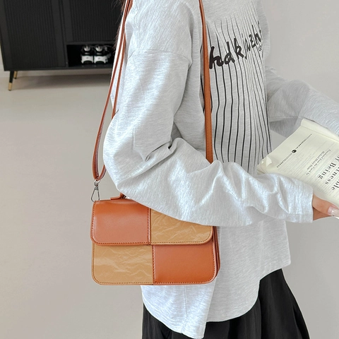 Dames Mode Patchwork PU Leer Crossbody Tas Esthetische Kleurblok Schoudertas Woon-werkverkeer Kleine Vierkante Handtas Voor Dagelijks