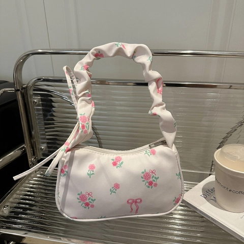 Bolso de Hombro Plisado con Estampado Floral para Mujer Dulce Rosa Lazo Patrón Bolso de Axila Ligero Hobo para Uso Diario
