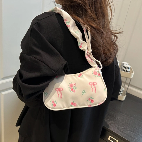 Bolso de Hombro Plisado con Estampado Floral para Mujer Dulce Rosa Lazo Patrón Bolso de Axila Ligero Hobo para Uso Diario