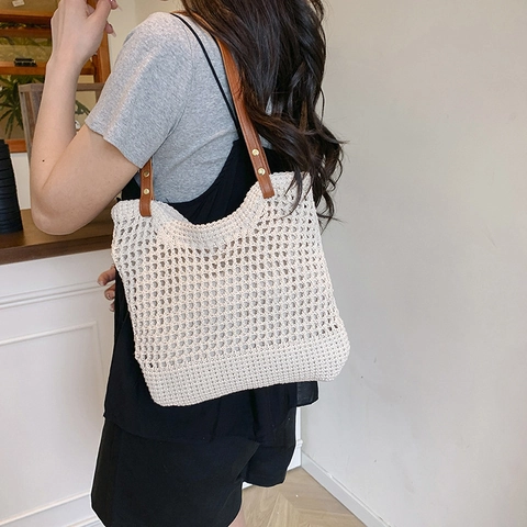 Borsa Tote da Donna Casual Intrecciata all'Uncinetto a Rete Traforata Estiva da Spiaggia di Grande Capacità con Tracolla in Pelle