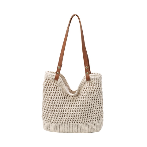 Woven Hollow Beach Bag Cotton Crochet Tote Bag Casual Large Capacity Summer Handbag For Women Net Pocket Bag