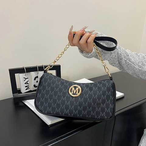 Borsa da Sottobraccio in Pelle PU Moda Donna Borsa a Tracolla Retrò Con Stampa Monogramma M Logo in Metallo Oro e Catena