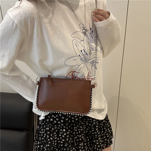 Dames Krokodillenpatroon Envelop Crossbody Tas PU Leer Ketting Schoudertas Met Metalen Klinknagels Detail Messenger Tas