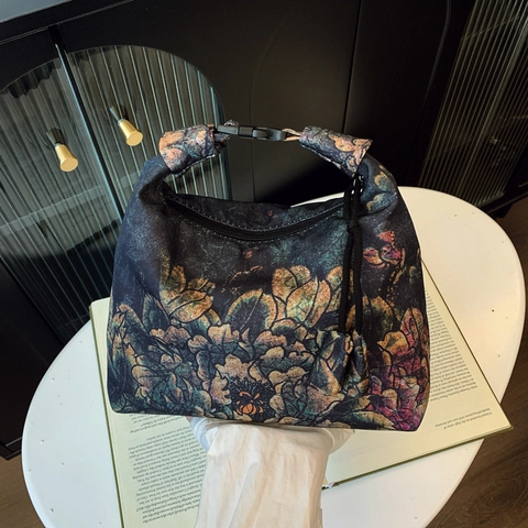 Νέο κινεζικό στυλ Floral Print Canvas Handbag Γυναικεία Μόδα Ρετρό Βοτανικό Μοτίβο Crossbody Τσάντα Με Ρυθμιζόμενο Λουράκι