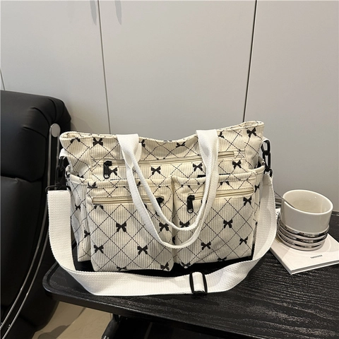 Bolso Tote de Pana para Mujer con Lazo y Patrón de Rombos Gran Capacidad Bolso de Hombro Casual con Múltiples Bolsillos