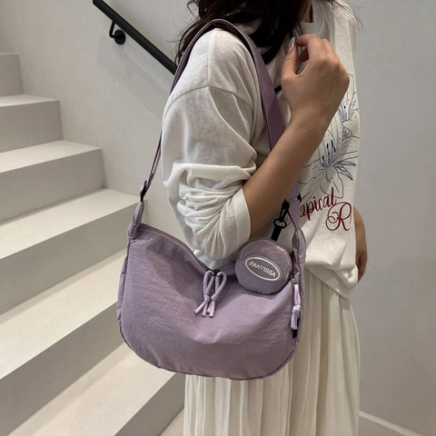 Damen Koreanischer Stil Nylon Halbmond Umhängetasche Casual Einfarbig Hobo Tasche Mit Kleinem Rundem Beutel Verstellbarem Schultergurt