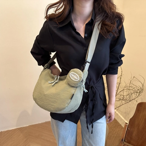 Women Nylon Half Moon Crossbody Bag Large Capacity Solid Color Versatile Shoulder Underarm Bag With Mini Pouch Daily Commuter