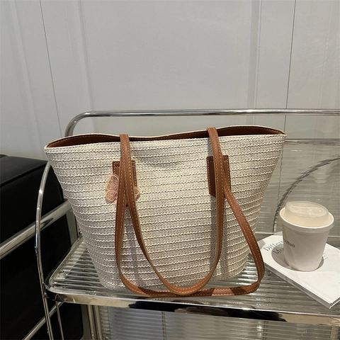 Bolso Tote de Verano Informal Tejido para Mujer de Gran Capacidad Bolso de Hombro con Bordado de Mariposa de Paja