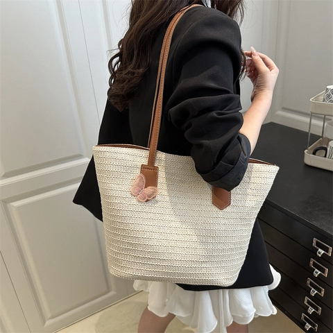 Bolso Tote de Verano Informal Tejido para Mujer de Gran Capacidad Bolso de Hombro con Bordado de Mariposa de Paja