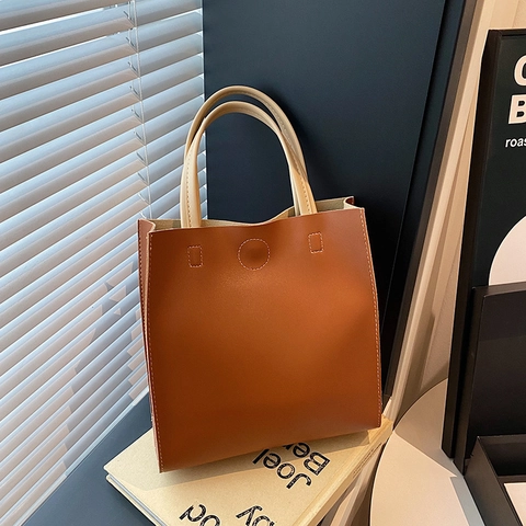 Minimalist PU Leather Vertical Square Tote Bag For Women Retro Handbag With Magnetic Snap Office Commuting Daily Shoulder Bag
