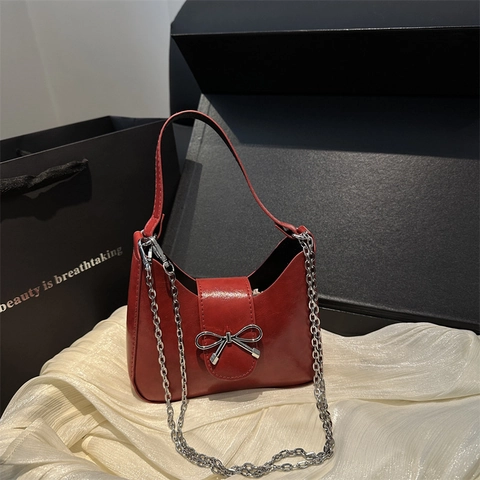Borsa a Mano in Pelle PU con Fiocco Donna Borsa a Tracolla Vintage a Mezzaluna Con Catena in Metallo Borsa Moda Quotidiana