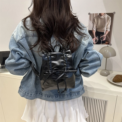 Damen Mini Schleife Rucksack PU Leder Koreanischer Stil Kleiner Schulranzen Für Mode Täglich Pendeln Lässige Umhängetasche