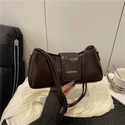 Bolso de Axila de Cuero PU Retro para Mujer Bolso de Hombro de Moda de Color Sólido Bolso de Bandolera Brillante con Costuras para el Diario