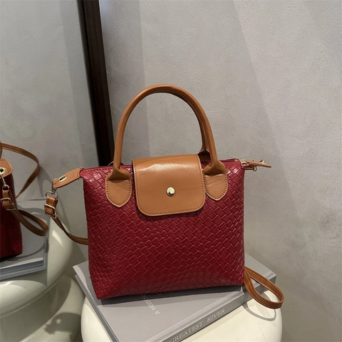 Women Contrast Woven Tote Bag Urban Handbag With PU Leather Handle Crossbody Shoulder Bag Fashion Commute Purse